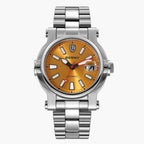 Silver watch with orange face and Berny branding, including a close-up of the glowing face.