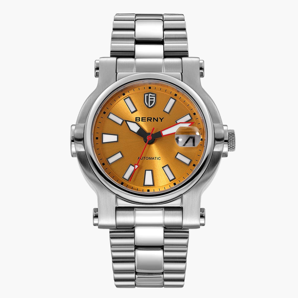 Silver watch with orange face and Berny branding, including a close-up of the glowing face.