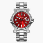 Silver watch with red face and Berny branding, including a close-up of the glowing face.