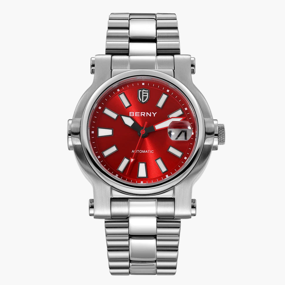 Silver watch with red face and Berny branding, including a close-up of the glowing face.