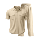 Beige shirt and pants set on a white background