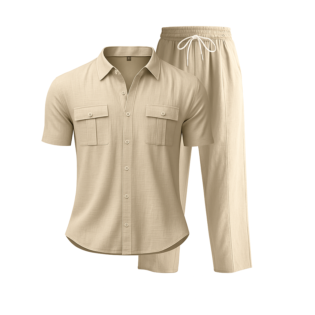 Beige shirt and pants set on a white background