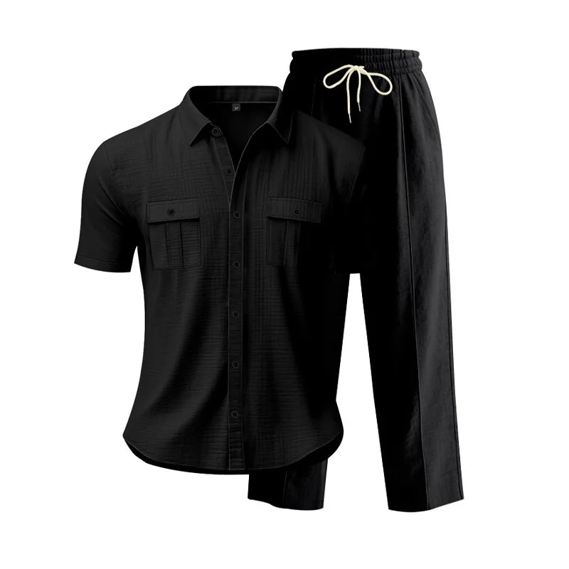Black shirt and black pants with drawstring on a white background