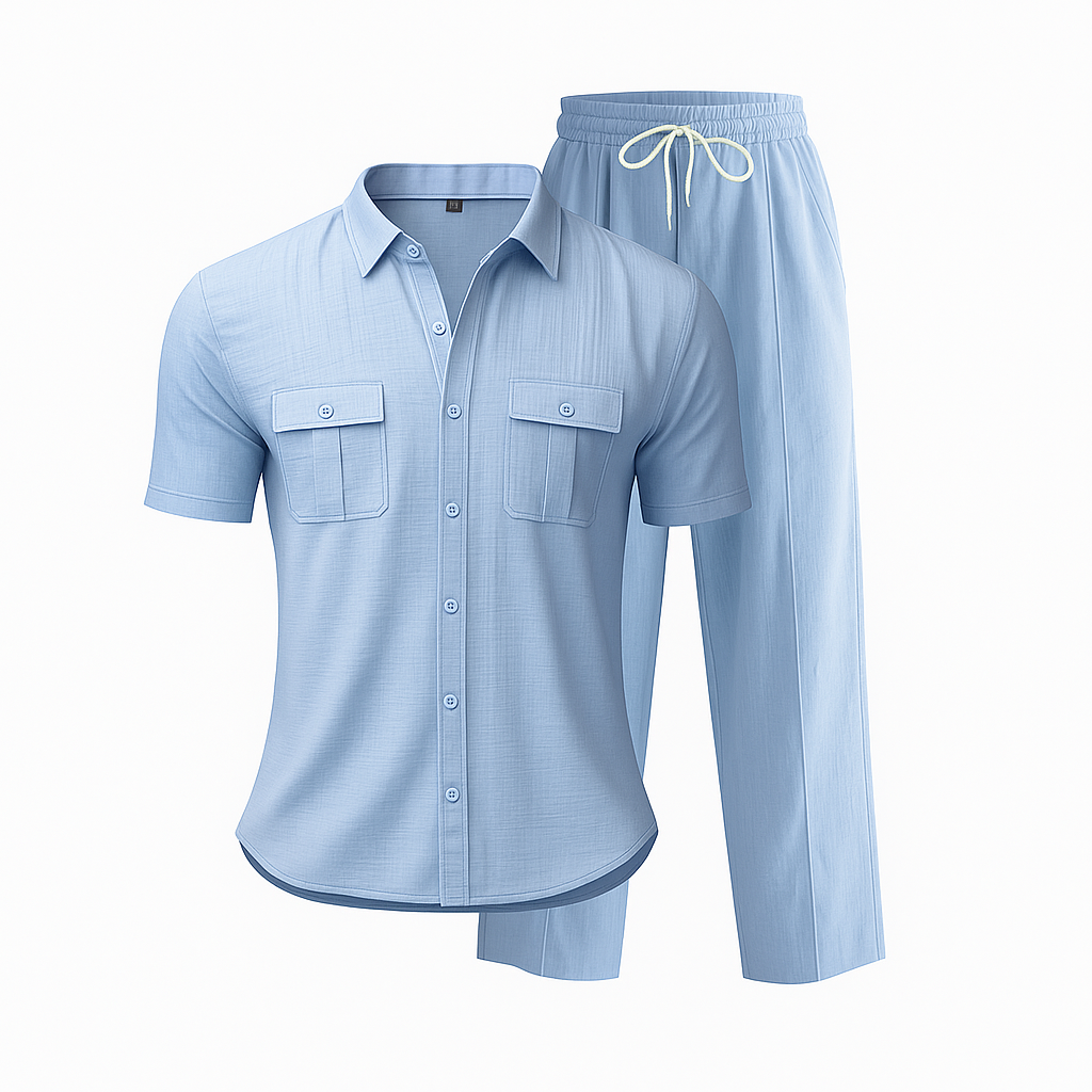 Light blue pajama set with shirt and pants on a white background