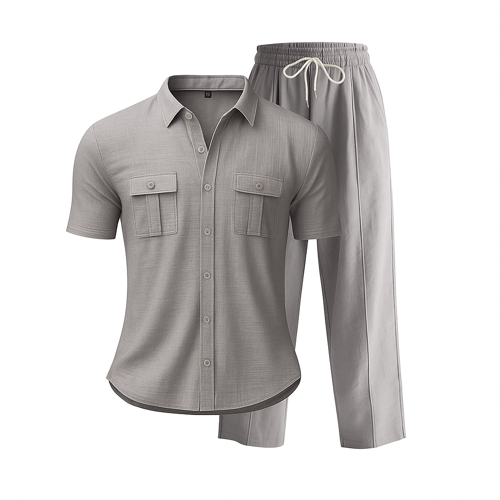 Gray pajama set with shirt and pants on a white background