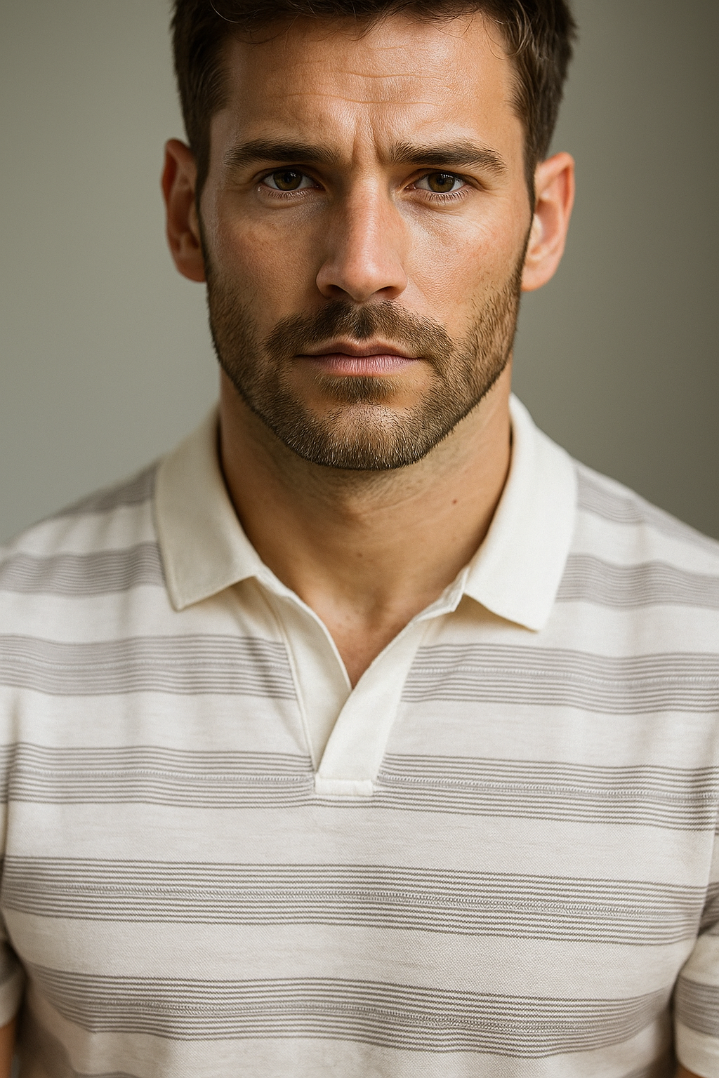 Man wearing a striped polo shirt against a neutral background