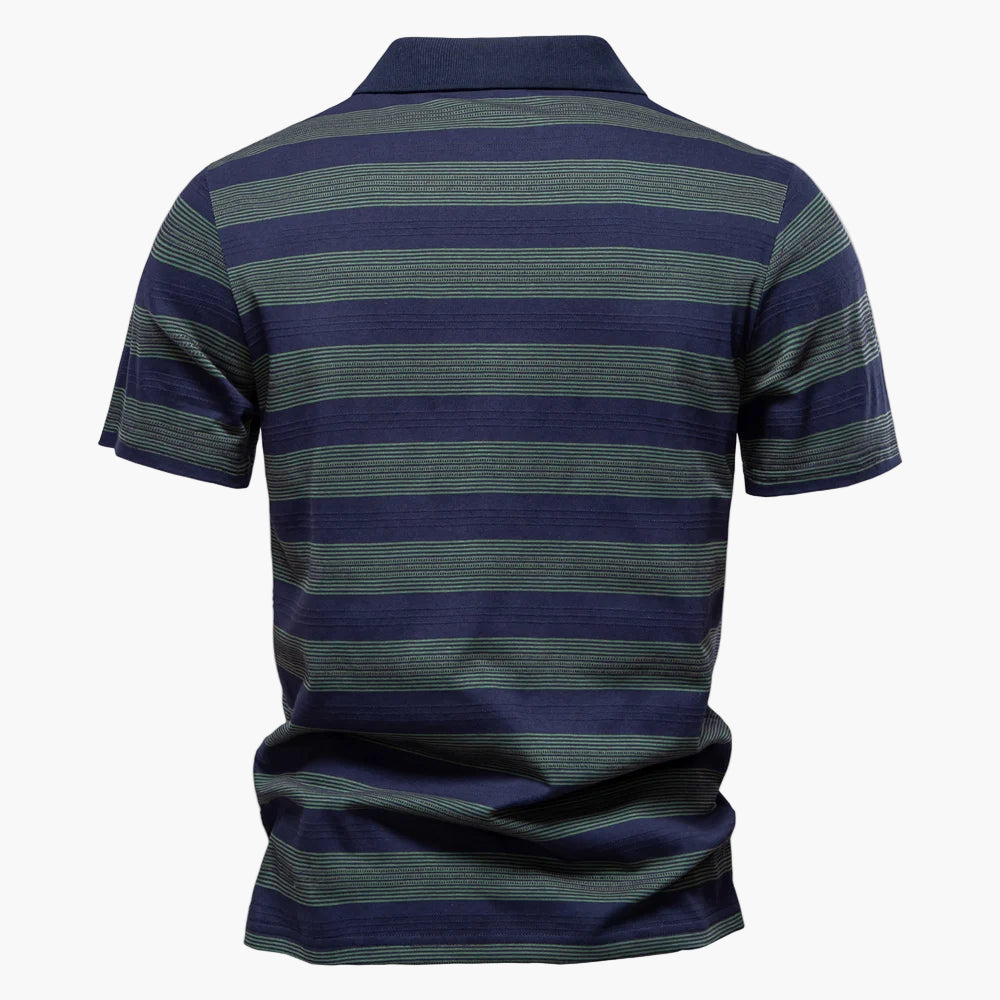 Navy and green striped polo shirt on a white background