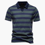 Navy and green striped polo shirt on a white background