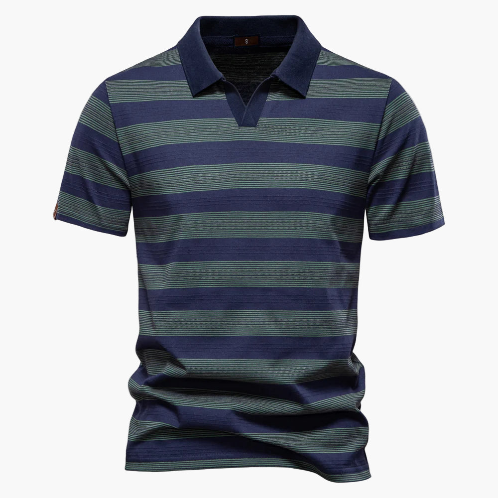 Navy and green striped polo shirt on a white background