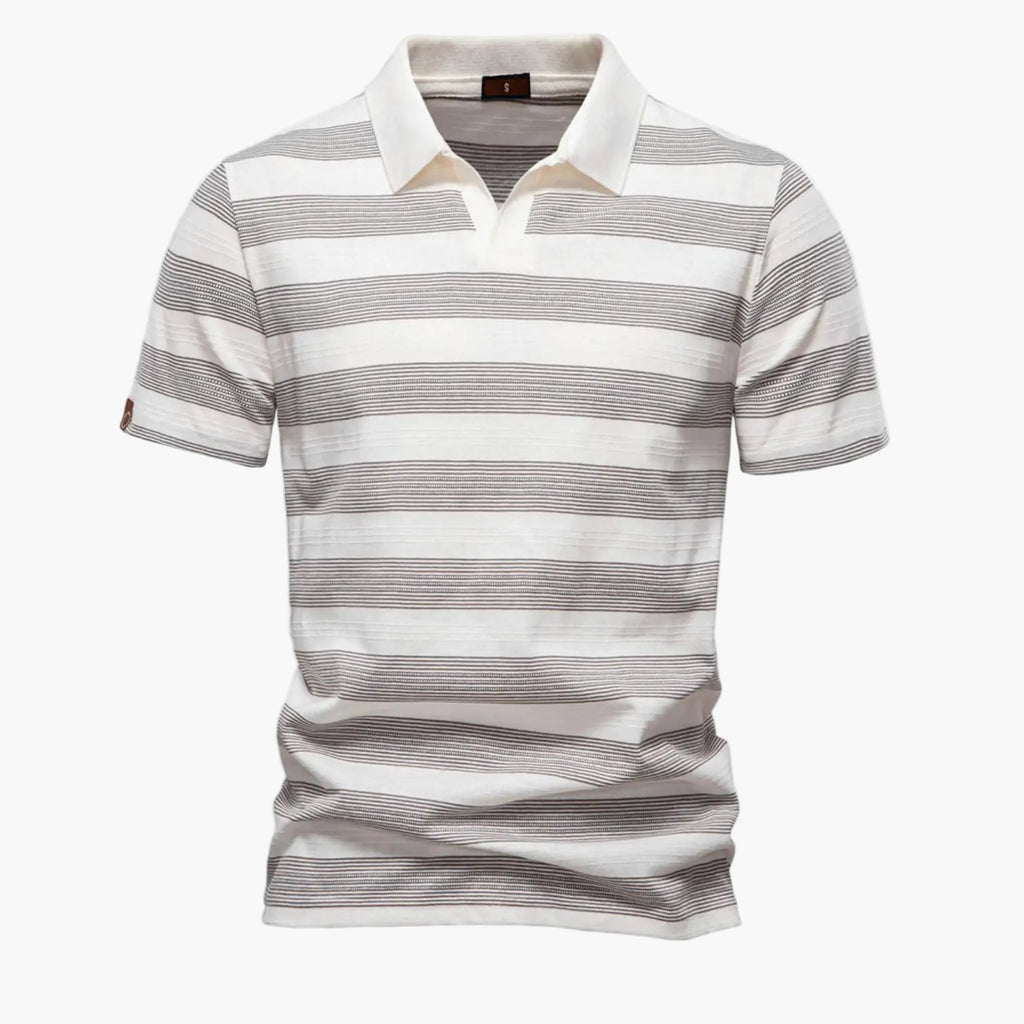Striped polo shirt with visible brand logo on a white background