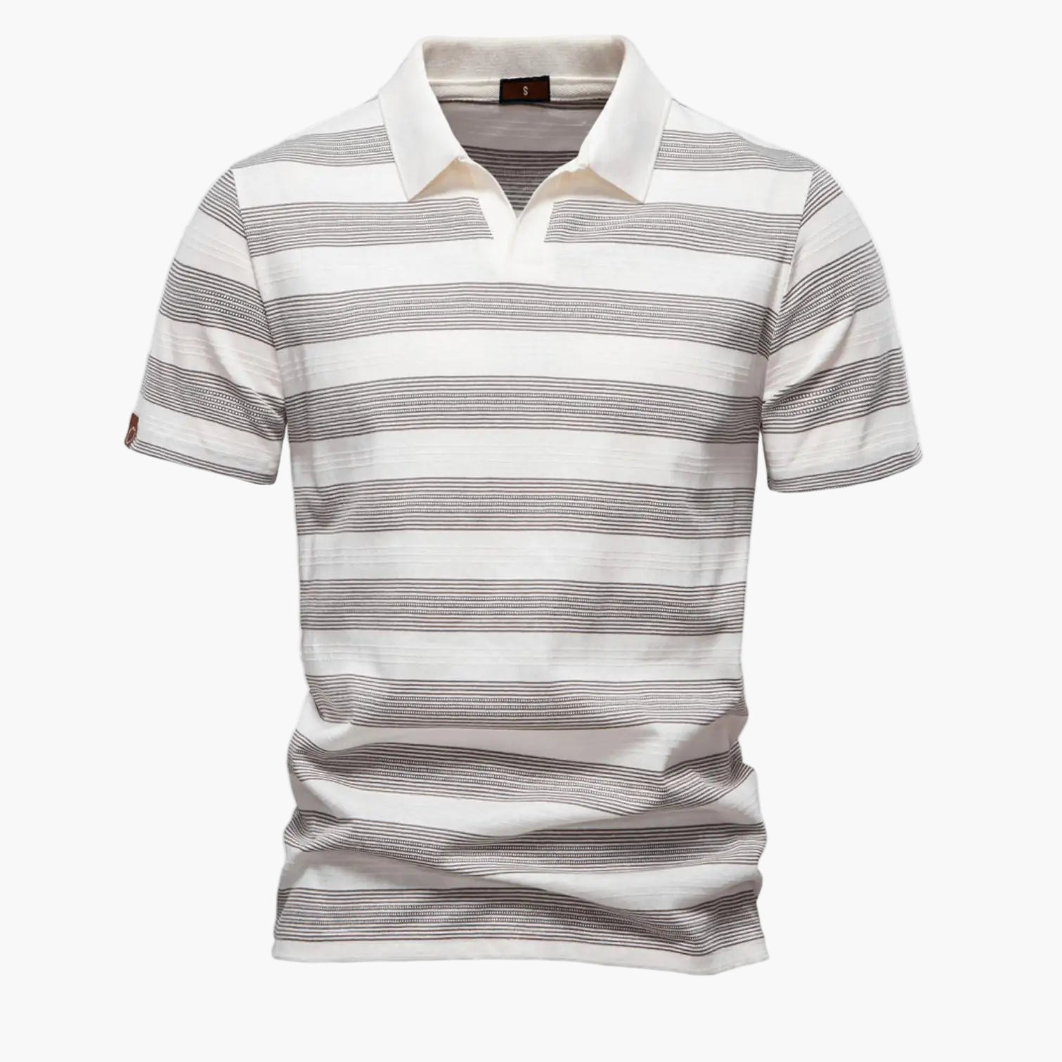 Striped polo shirt with visible brand logo on a white background