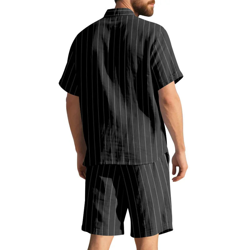 Man wearing a black pinstripe shirt and shorts set on a white background