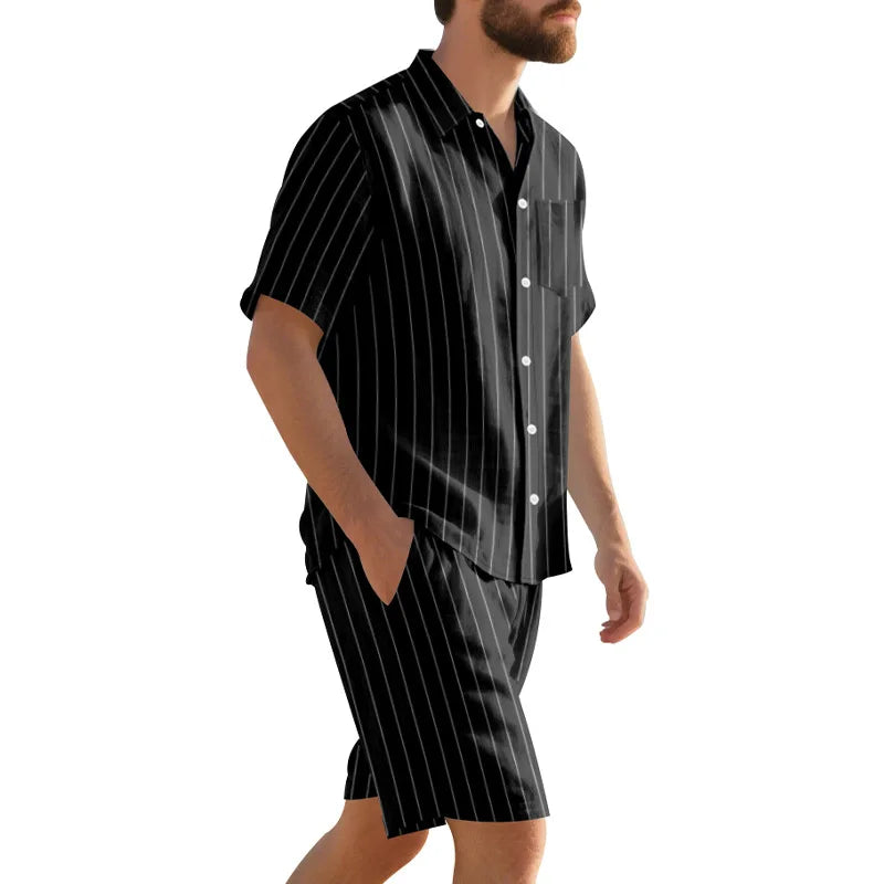 Man wearing a black pinstripe shirt and shorts set on a white background