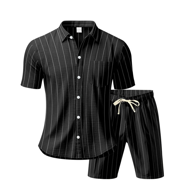 Black pinstripe shirt and shorts set on a white background