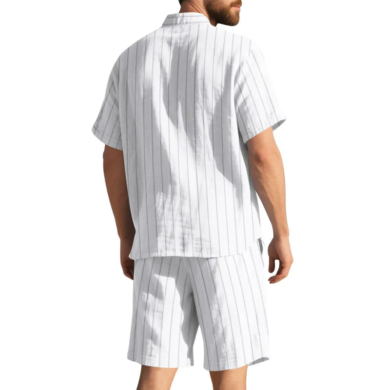 Man wearing a white pinstripe shirt and shorts set on a white background