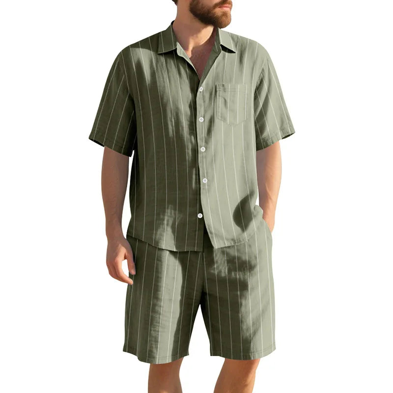 Man wearing a green striped shirt and shorts set on a white background