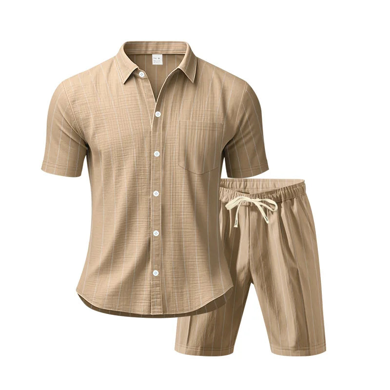 Beige shirt and shorts set on a white background