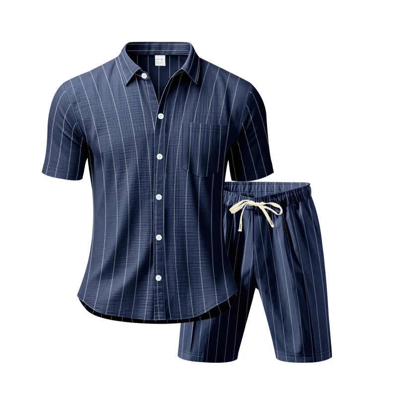 Navy striped shirt and shorts set on a white background