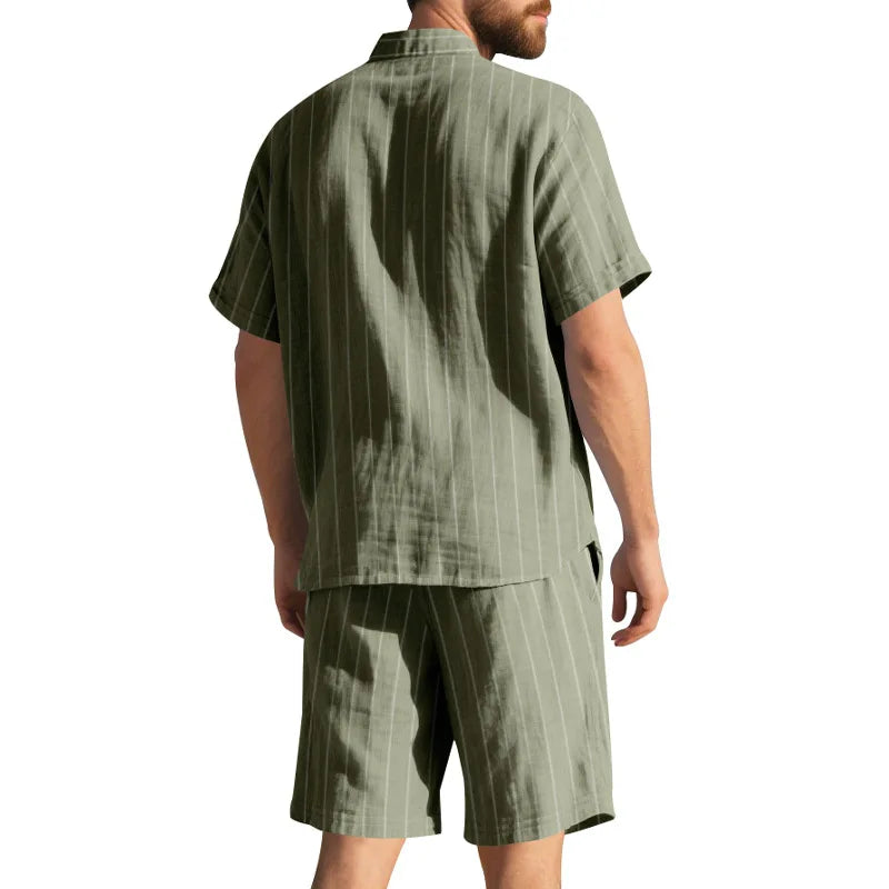 Man wearing a green striped shirt and shorts set on a white background
