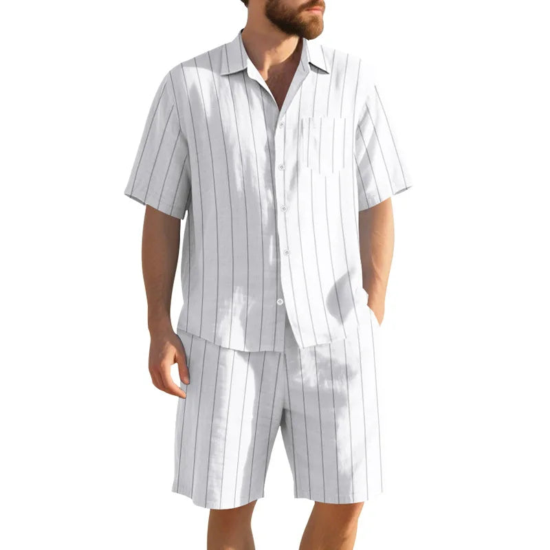 Man wearing a white and gray striped shirt and shorts set on a white background