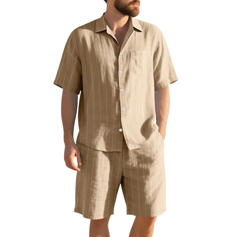 Man wearing a beige striped shirt and shorts set on a white background