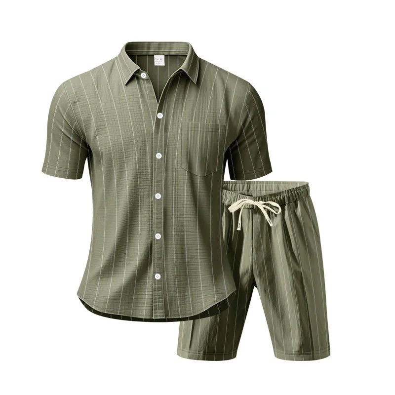 Green plaid shirt and shorts set on a white background