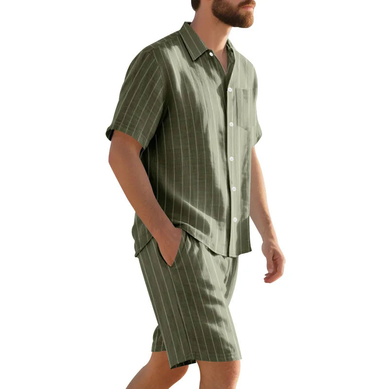 Man wearing a green pinstripe shirt and shorts set on a white background