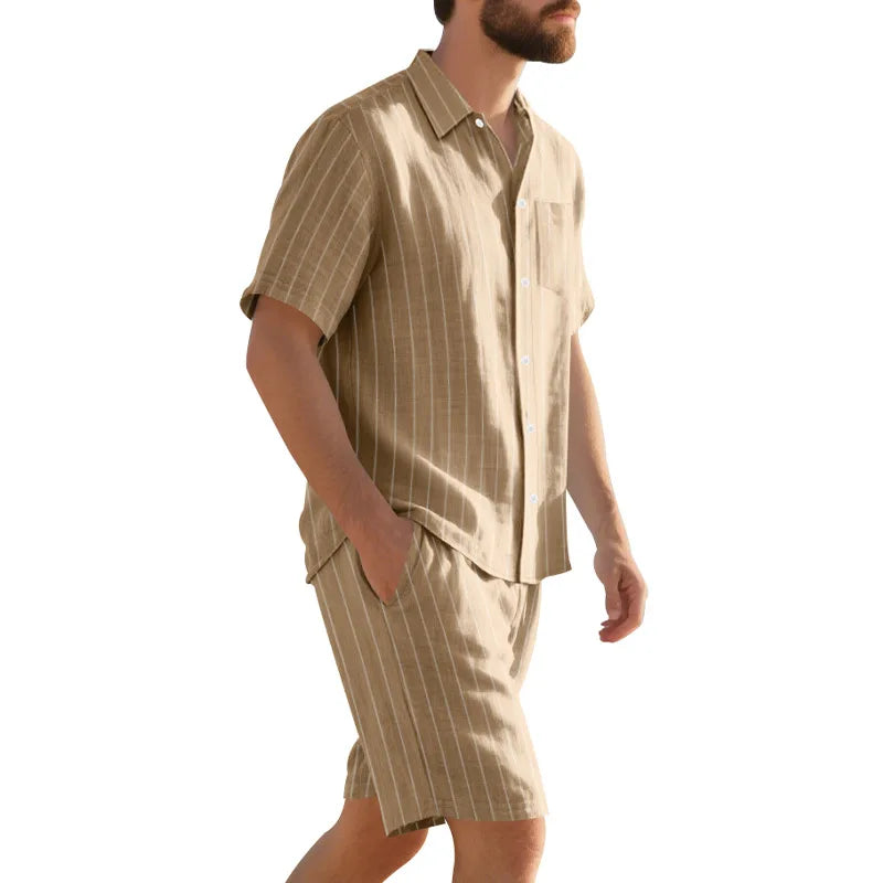 Man wearing a beige striped shirt and shorts set on a white background