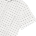 Close-up of a white shirt with thin black vertical stripes on a white background
