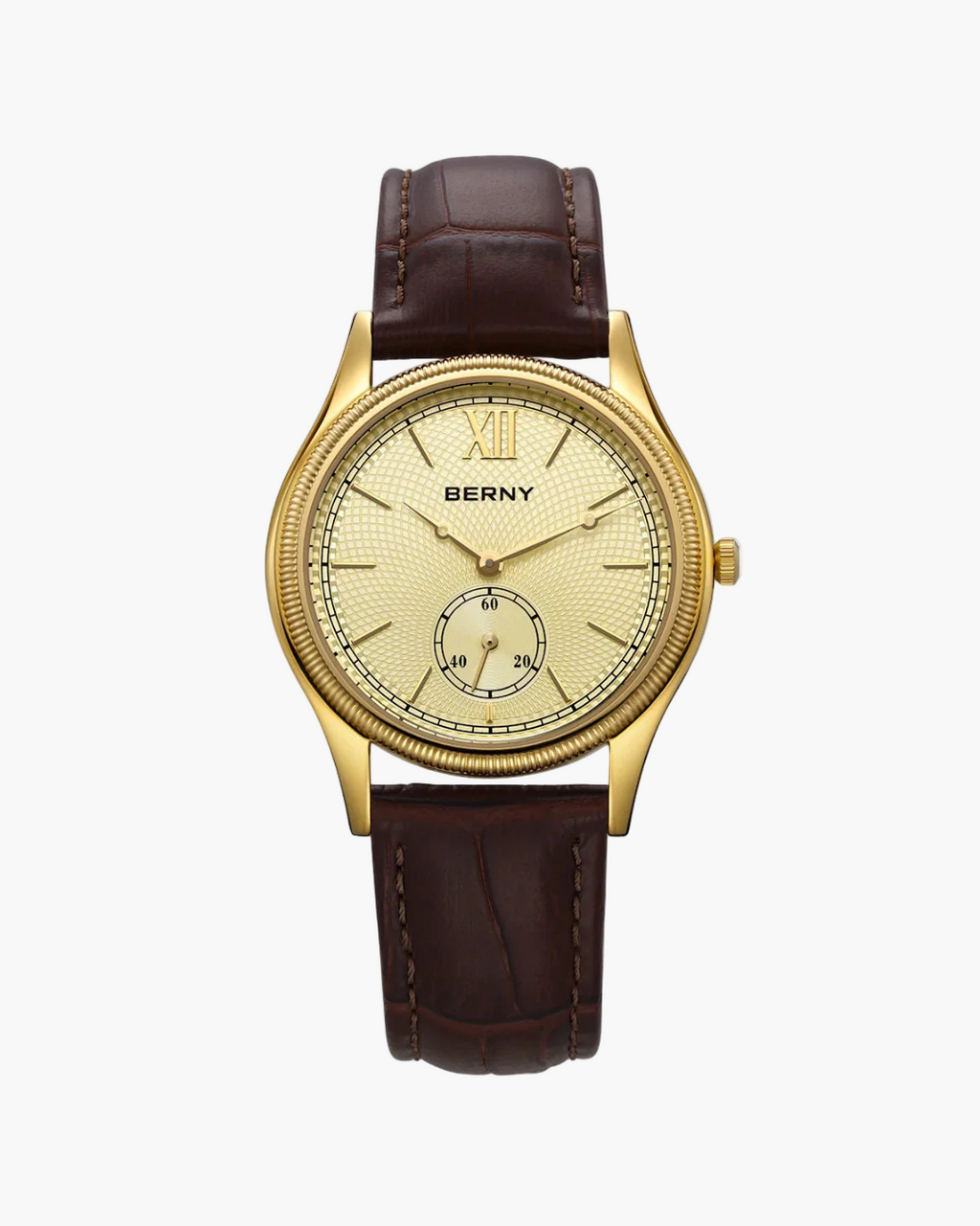 Gold watch with a brown leather strap on a white background