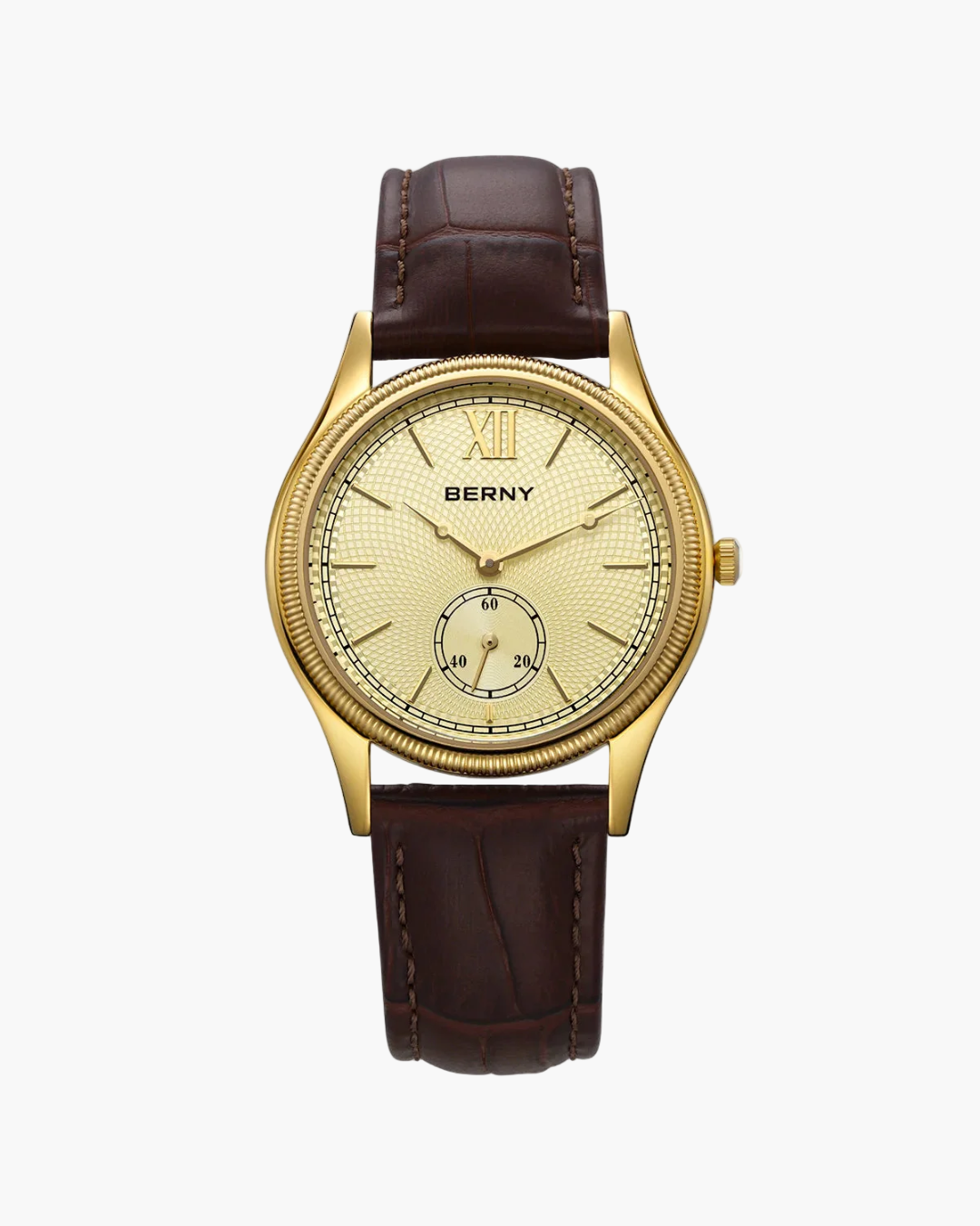 Gold watch with a brown leather strap on a white background