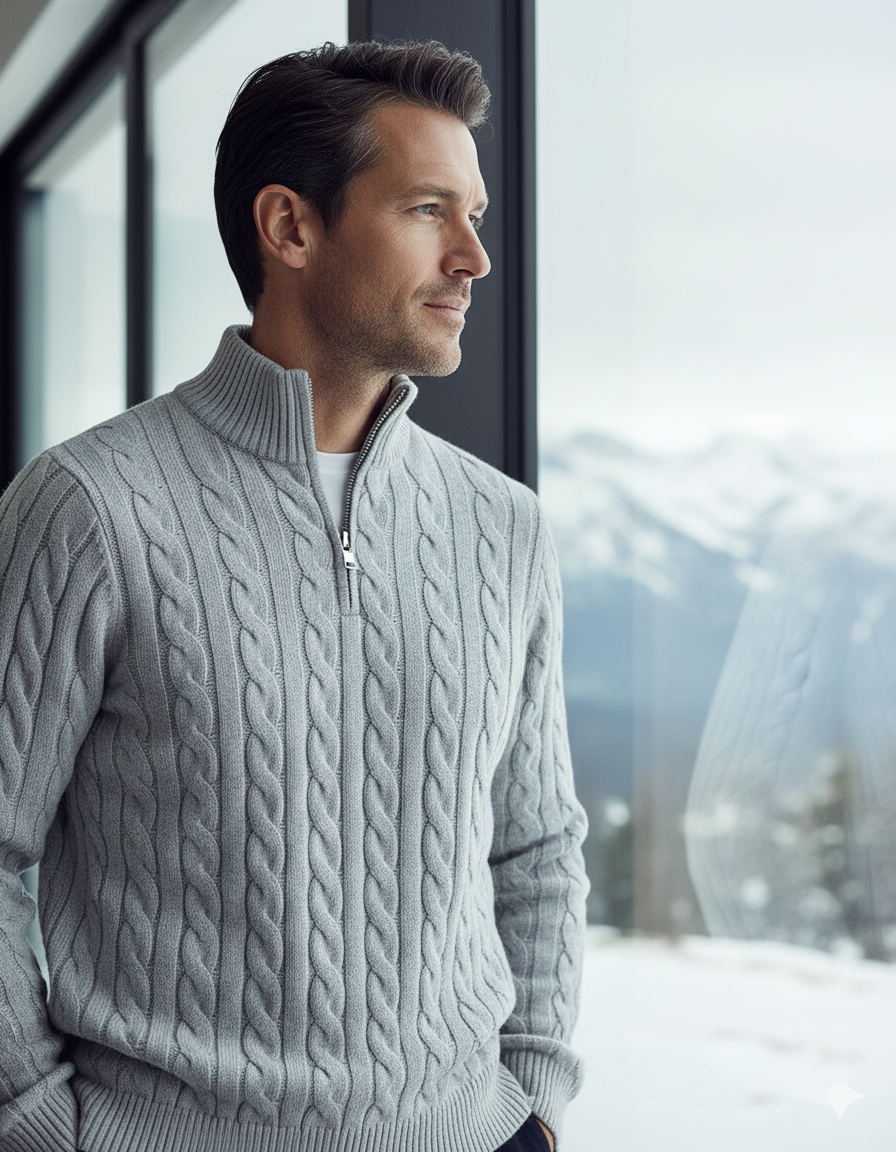 Man wearing a cable knit sweater standing by a window with a snowy mountain view.