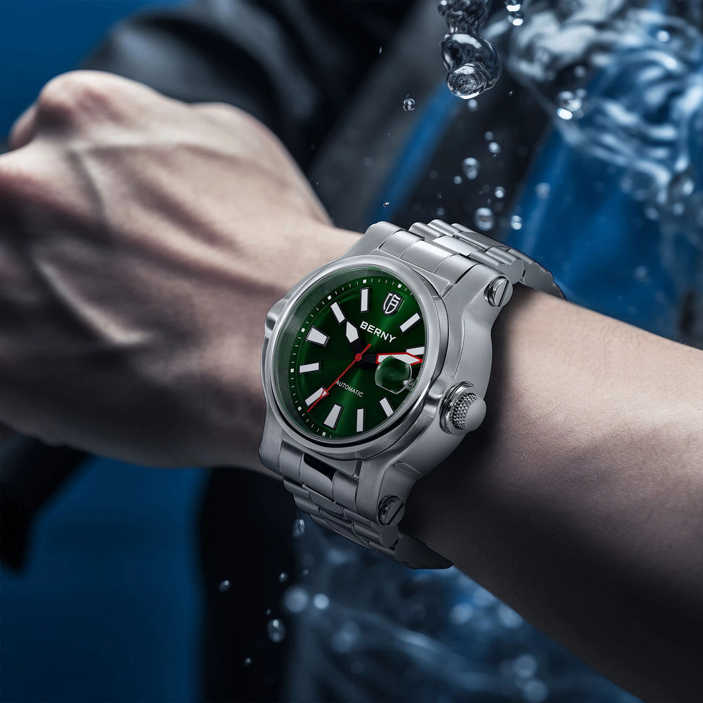 The Navigator men's luxury watch on wrist, showcasing the fine brushed 316L steel bracelet.