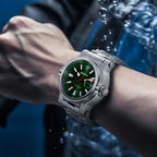 The Navigator men's luxury watch on wrist, showcasing the fine brushed 316L steel bracelet.