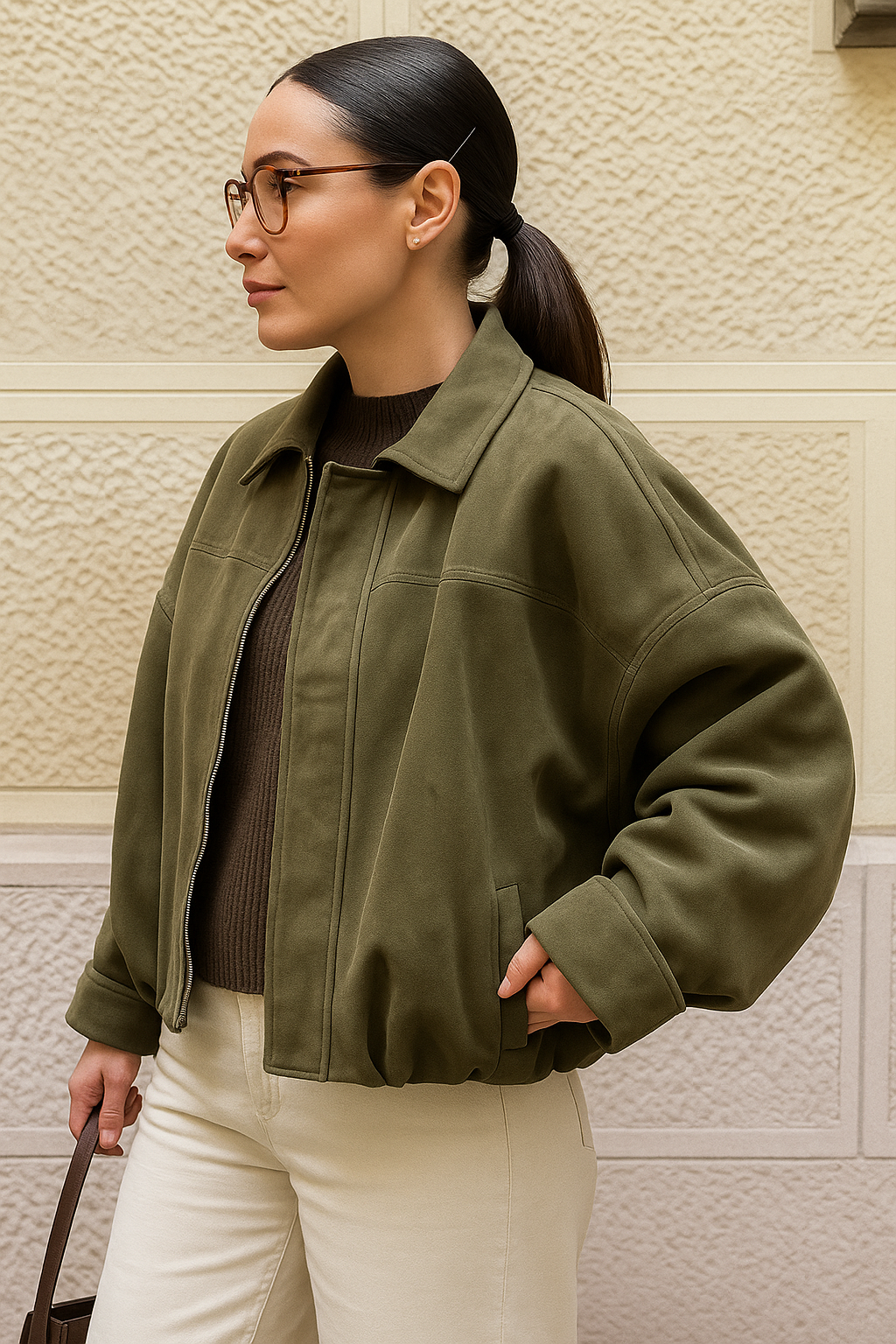 Woman wearing a green jacket and white pants against a textured wall.