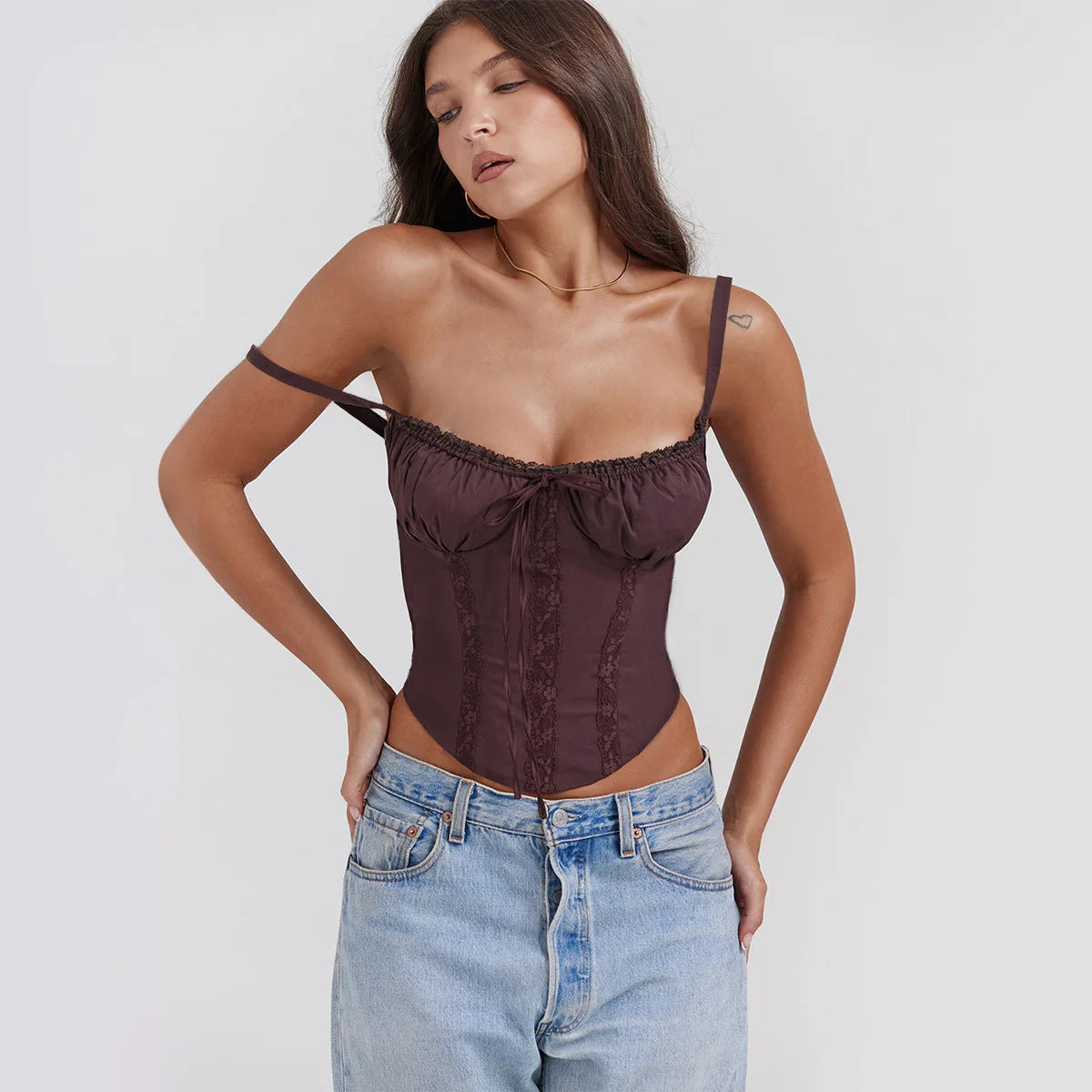 Close-up of the delicate lace trim and gathered bust on the Altivieri Florence bustier top.