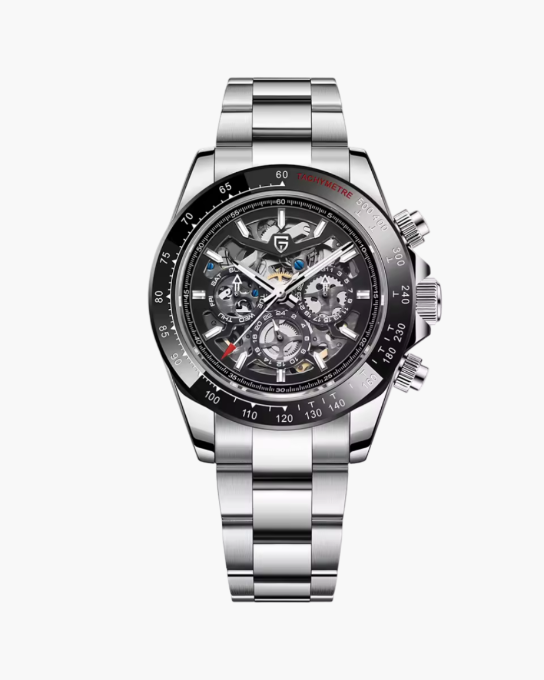 Silver Pagani Design watch with black face on a white background