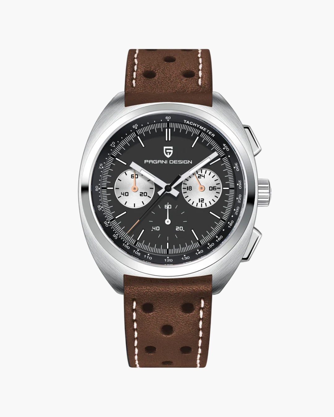 Watch with brown leather strap and black dial on a white background