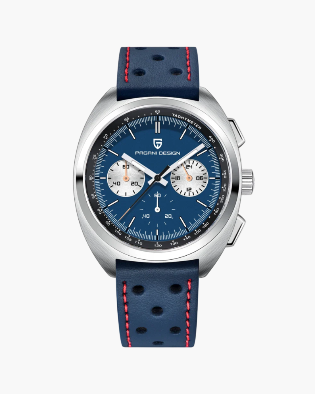Watch with blue strap and blue dial on a white background