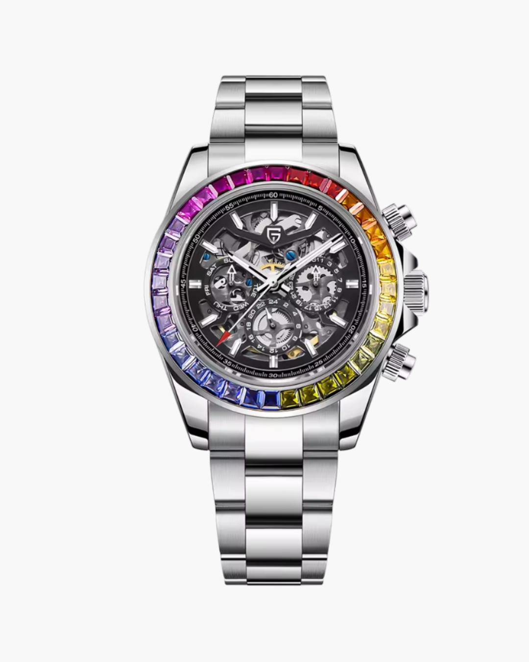 Silver Pagani Design watch with a colorful bezel on a white background