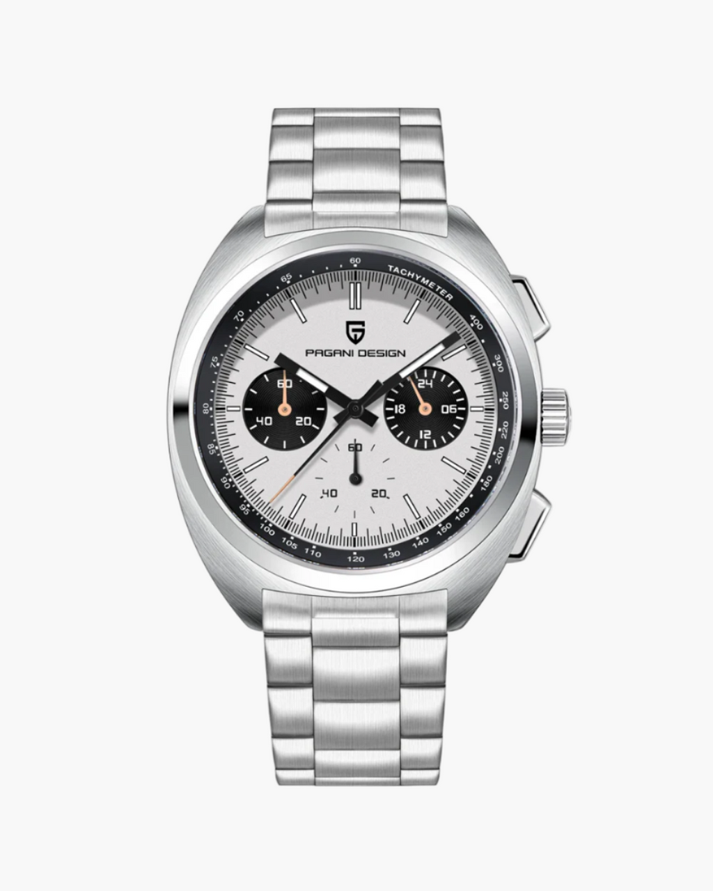 Silver watch with a detailed face on a white background