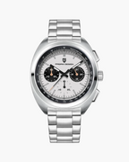Silver watch with a detailed face on a white background