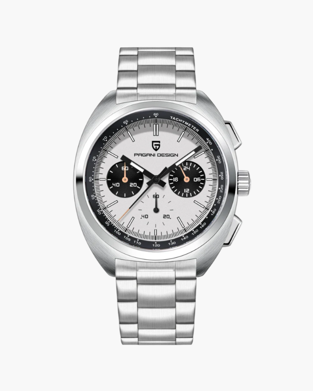Silver watch with a detailed face on a white background