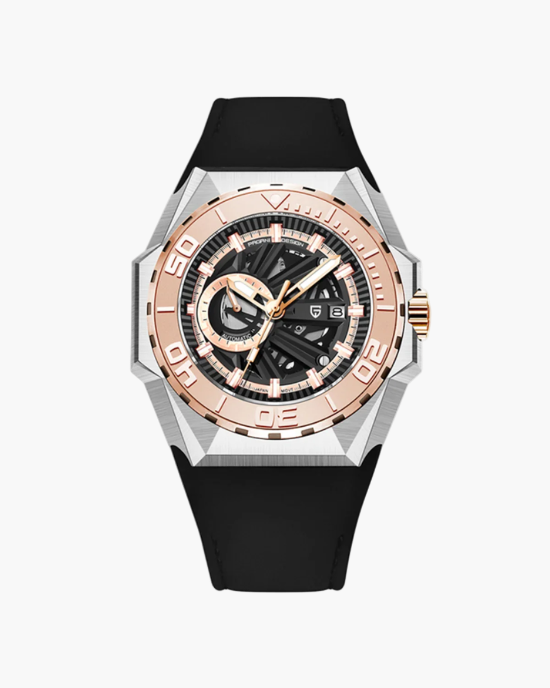 The Altivieri 'Marina' 47mm automatic watch with a black dial and brown leather strap, inspired by Panerai.
