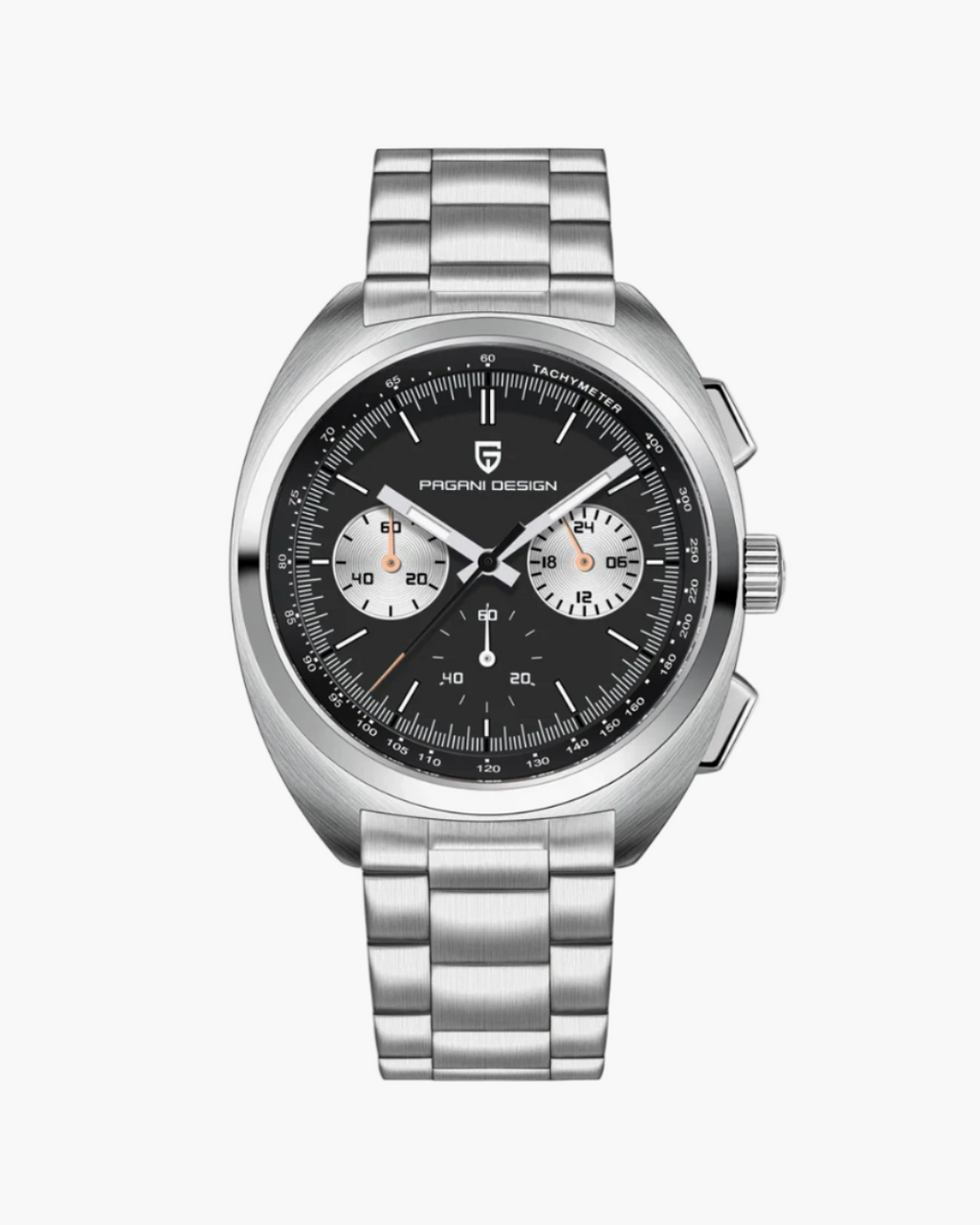 Silver watch with a black dial on a white background