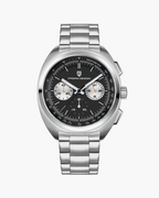 Silver watch with a black dial on a white background