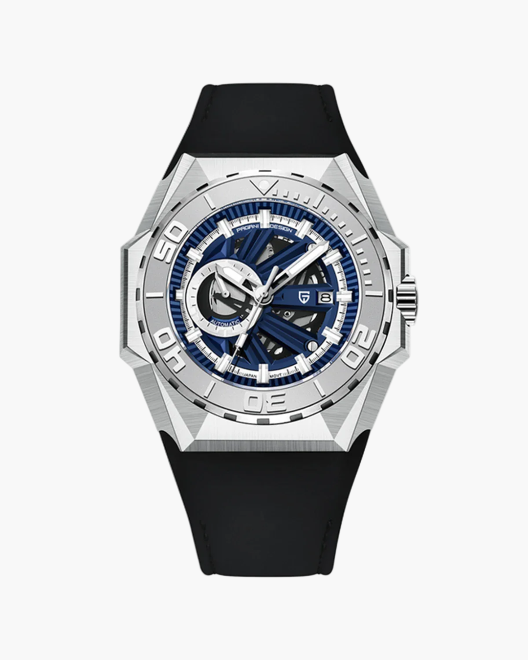 Pagani Design watch with black strap and blue face on a white background
