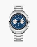 Silver watch with a blue dial on a white background
