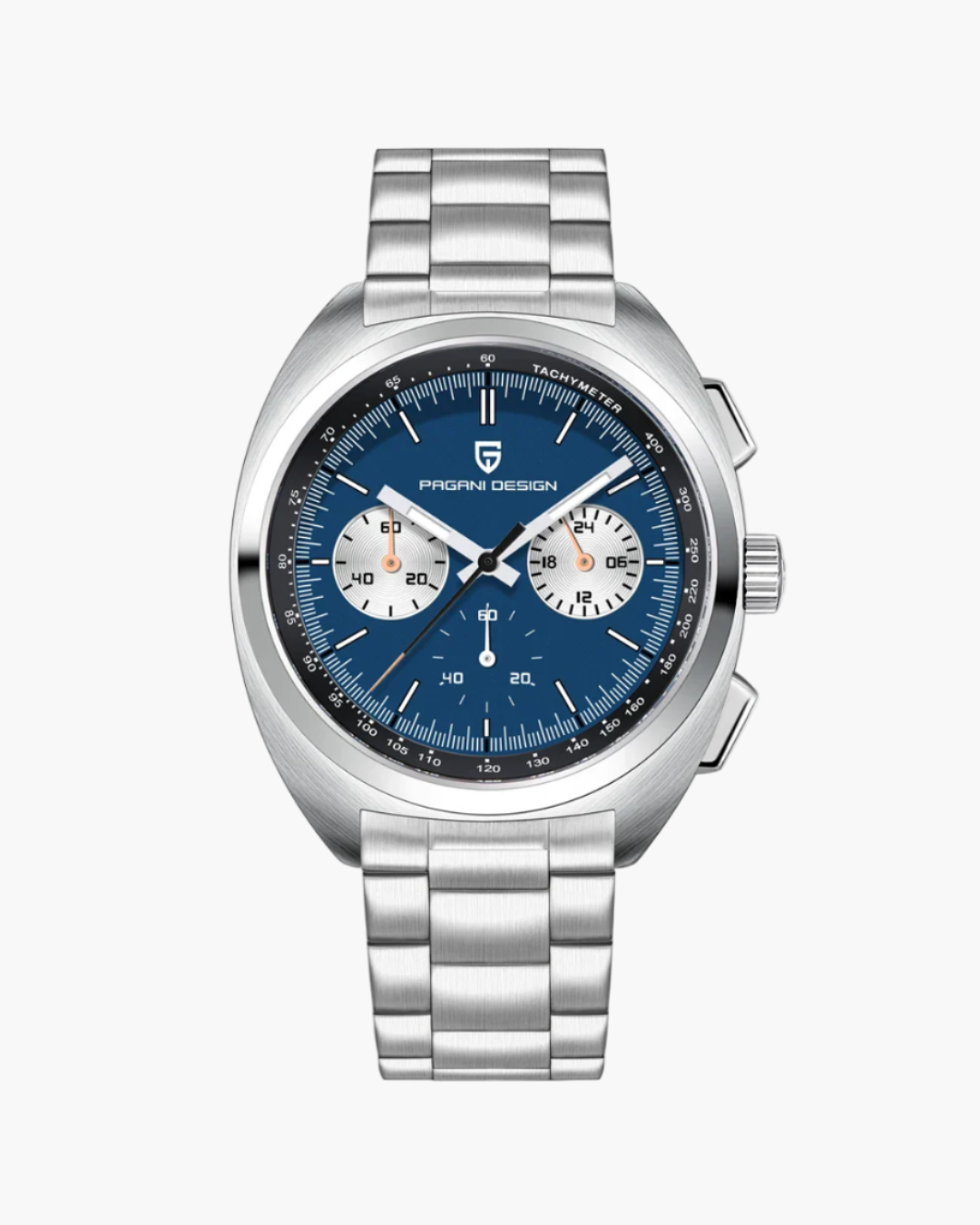 Silver watch with a blue dial on a white background