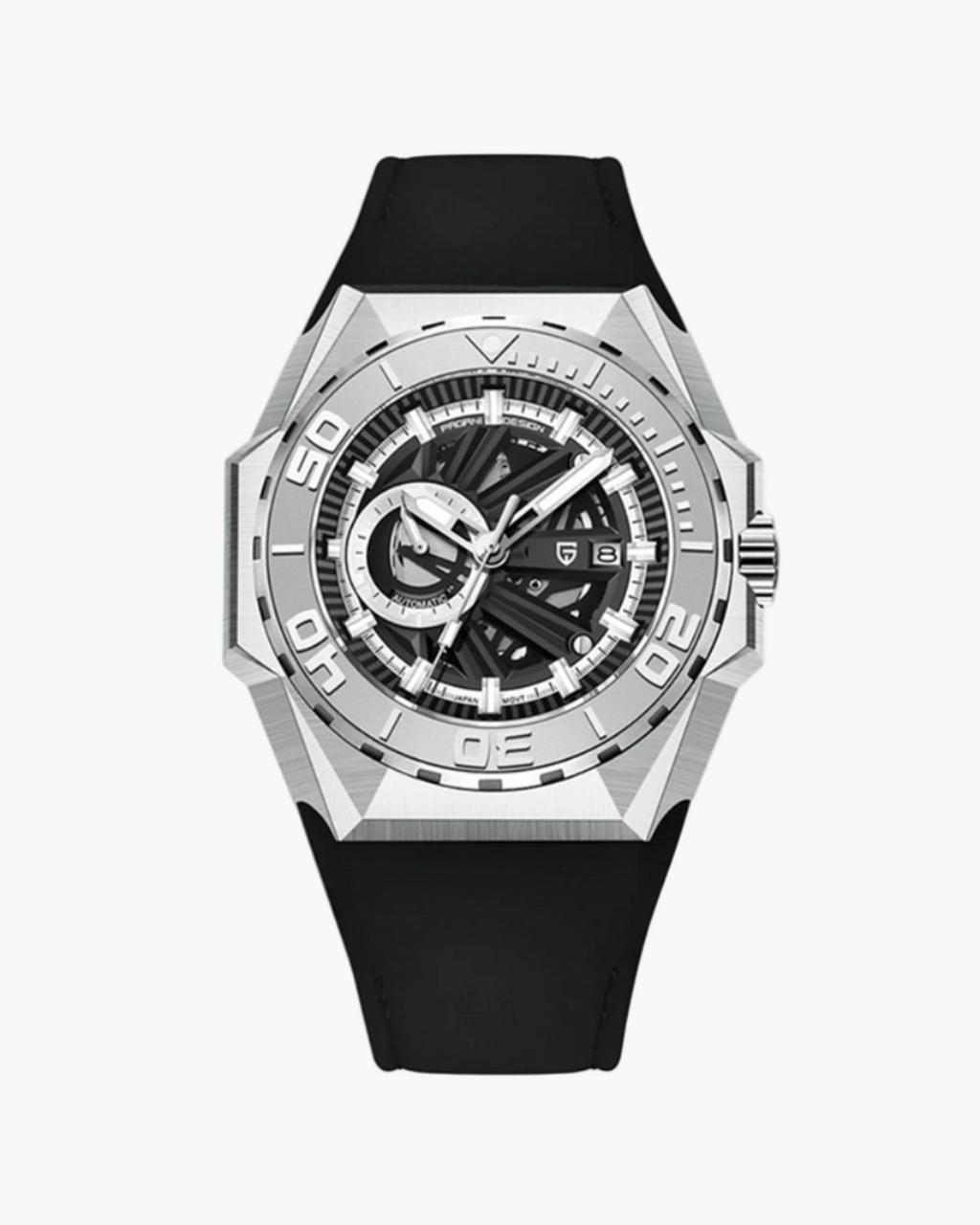 Pagani Design watch with black strap and silver case on a white background
